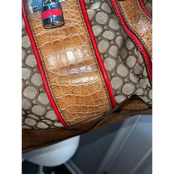 Brown & Red Circle Printed Shoulder Bag With Faux Croc Leather Straps & Padlock - Picture 9 of 12